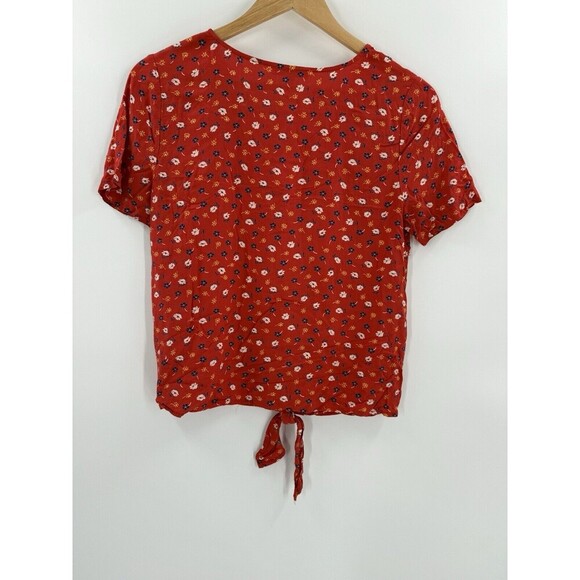 Madewell Womens XSMALL Tie Front Blouse Red Floral Short Sleeve V-Neck Viscose - Picture 2 of 10